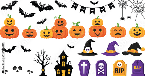 Spooky Halloween Flat Vector Element Bundle with Multiple Pumpkin Expressions Flying Bats Haunted House Tombstones Witch Hats and Bunting Garland