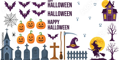 Happy Halloween Flat Vector Graphic Element Bundle with Haunted House Flying Witch Bats Pumpkins Cemetery Tombstones and Spooky Typography Designs