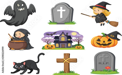 Spooky Cartoon Halloween Vector Illustration Set Featuring Ghost Flying Witch Haunted House Pumpkin Black Cat and Cemetery Tombstone Elements