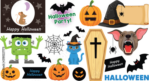 Spooky Halloween Flat Vector Icon Set with Pumpkin Jack O Lantern Black Cat Zombie Hand Cauldron Spider Web and Witch Hat Icons