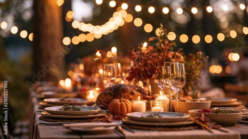 Festive autumn table setting with roasted turkey during warm evening string lights ambiance