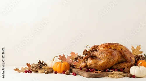 Roasted whole turkey served on a wooden board with pumpkins and pinecones for a festive autumn dinner