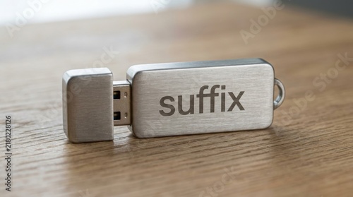 Metal USB flash drive with custom suffix text engraved on the brushed surface sitting flat on a wooden desktop background.