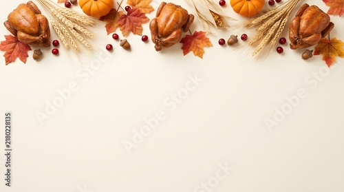 Festive thanksgiving border with roasted turkeys pumpkins and autumn leaves on a light beige background top view