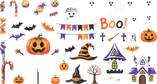 Cute Watercolor Style Halloween Vector Element Collection with Pumpkins, Haunted Houses, Witch Hats, Candy Cane, Bats, and Boo Lettering for Kids Holiday Designs