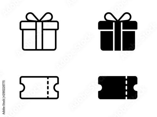 Set of gift box and ticket black and white line icons with celebration