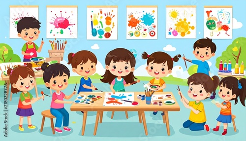 Happy children painting in art class - preschool education and creativity