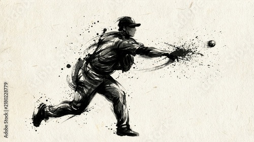 Sumi-e style illustration of a baseball pitcher throwing sidearm
