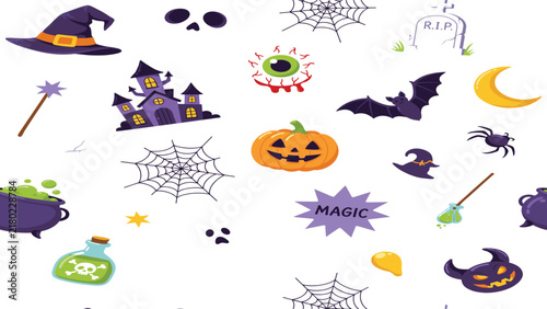 Spooky Halloween Flat Vector Icon Set Featuring Witch Hat Haunted Castle Eyeball Pumpkin Bat Cauldron and Magic Potion Elements for Autumn Holiday Designs