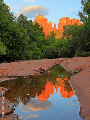 Reflection at oak creek of Cathedral Rock area in Coconino National Forest, Sedona, Arizona, United States of America