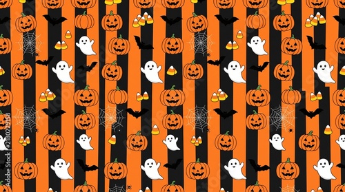 A seamless Halloween pattern with repeating pumpkins, bats, ghosts, spider webs, and candy corn on black and orange background, clean vector style, tileable design, 8k.
