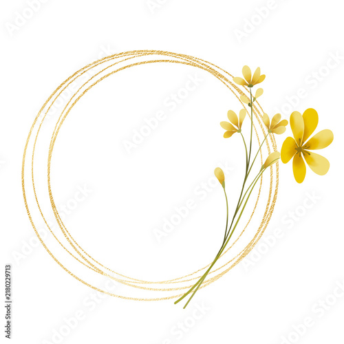 Gold wreath, floral frame with wild flowers. Hand painting geometric golden border, greeting background. Digital illustration isolated on white background.