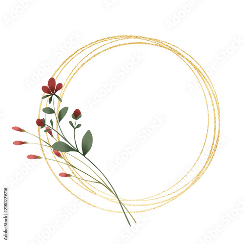 Gold wreath, floral frame with wild flowers. Hand painting geometric golden border, greeting background. Digital illustration isolated on white background.