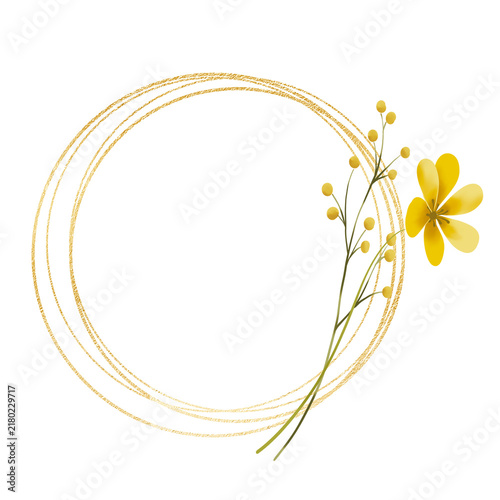 Gold wreath, floral frame with wild flowers. Hand painting geometric golden border, greeting background. Digital illustration isolated on white background.