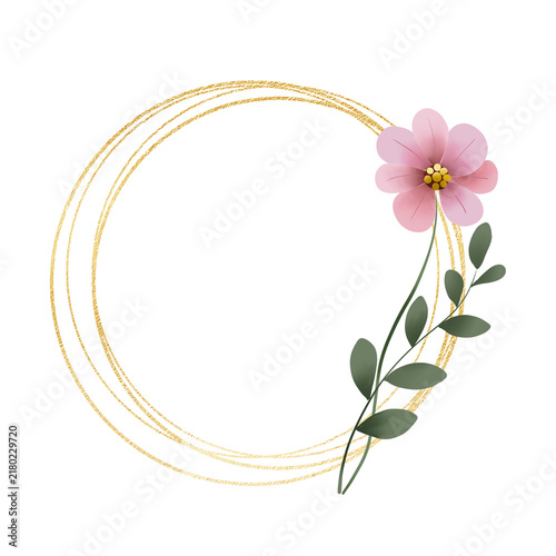 Gold wreath, floral frame with wild flowers. Hand painting geometric golden border, greeting background. Digital illustration isolated on white background.