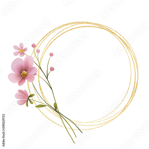 Gold wreath, floral frame with wild flowers. Hand painting geometric golden border, greeting background. Digital illustration isolated on white background.
