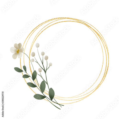 Gold wreath, floral frame with wild flowers. Hand painting geometric golden border, greeting background. Digital illustration isolated on white background.