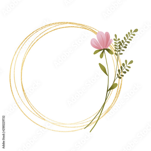 Gold wreath, floral frame with wild flowers. Hand painting geometric golden border, greeting background. Digital illustration isolated on white background.