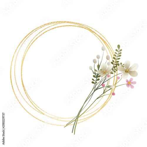 Gold wreath, floral frame with wild flowers. Hand painting geometric golden border, greeting background. Digital illustration isolated on white background.