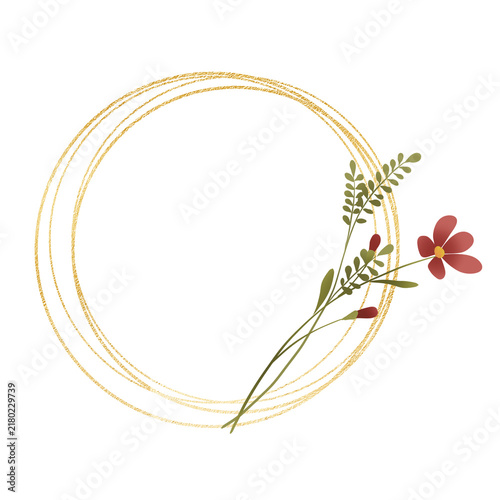 Gold wreath, floral frame with wild flowers. Hand painting geometric golden border, greeting background. Digital illustration isolated on white background.