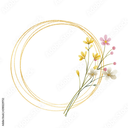 Gold wreath, floral frame with wild flowers. Hand painting geometric golden border, greeting background. Digital illustration isolated on white background.
