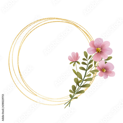 Gold wreath, floral frame with wild flowers. Hand painting geometric golden border, greeting background. Digital illustration isolated on white background.