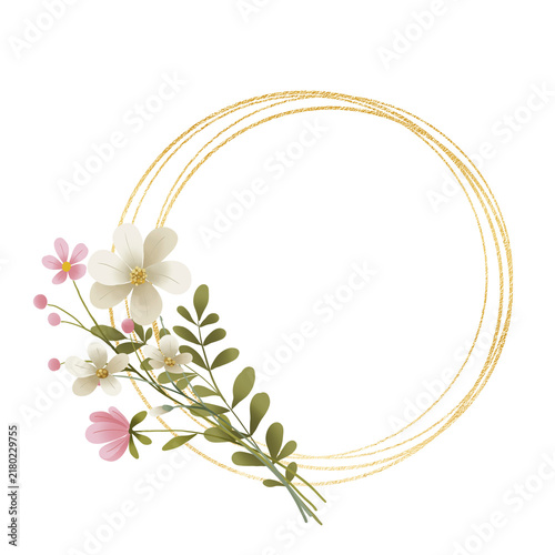 Gold wreath, floral frame with wild flowers. Hand painting geometric golden border, greeting background. Digital illustration isolated on white background.