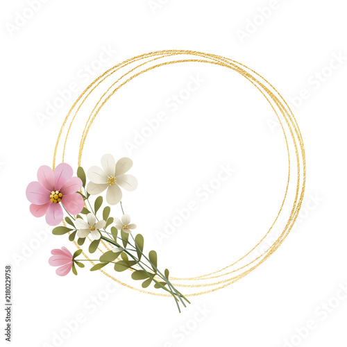 Gold wreath, floral frame with wild flowers. Hand painting geometric golden border, greeting background. Digital illustration isolated on white background.