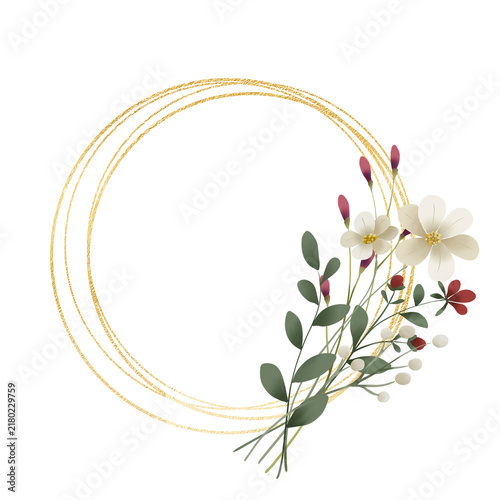 Gold wreath, floral frame with wild flowers. Hand painting geometric golden border, greeting background. Digital illustration isolated on white background.