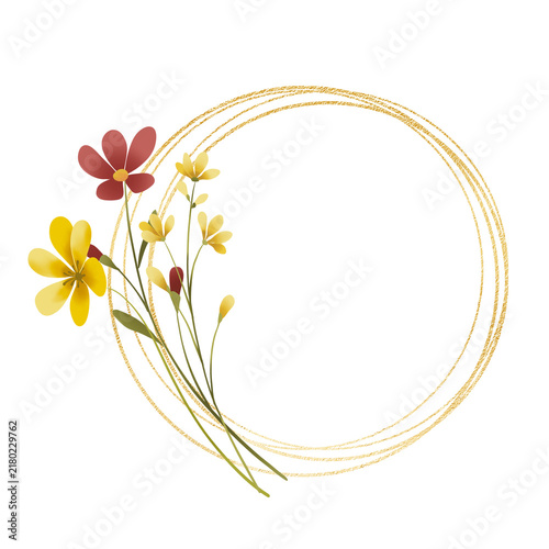 Gold wreath, floral frame with wild flowers. Hand painting geometric golden border, greeting background. Digital illustration isolated on white background.