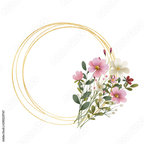 Gold wreath, floral frame with wild flowers. Hand painting geometric golden border, greeting background. Digital illustration isolated on white background.