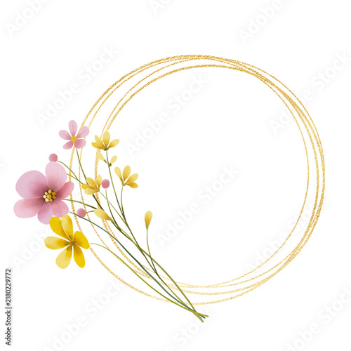Gold wreath, floral frame with wild flowers. Hand painting geometric golden border, greeting background. Digital illustration isolated on white background.