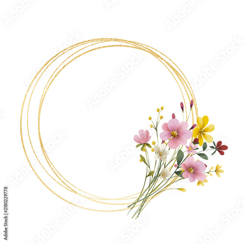 Gold wreath, floral frame with wild flowers. Hand painting geometric golden border, greeting background. Digital illustration isolated on white background.