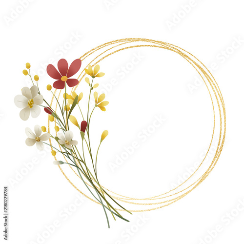 Gold wreath, floral frame with wild flowers. Hand painting geometric golden border, greeting background. Digital illustration isolated on white background.