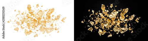 Bild auf Leinwand Gold foil pieces floating and scattered in crumpled metallic shapes ideal for lu