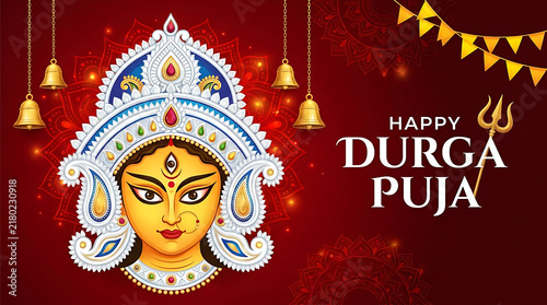 Happy durga puja greeting card with goddess durga face illustration