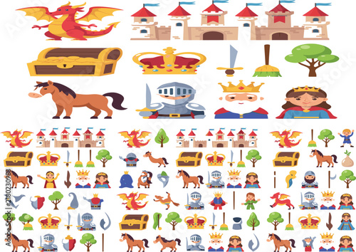 Medieval Fairytale and Fantasy Castle Vector Element Set featuring Dragon, Knight, King, Queen, and Treasure Chest for Game and Storybook Graphic Designs