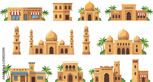 Middle Eastern Islamic Architecture Vector Illustration Set featuring Mosques, Minarets, Mud Brick Houses, and Desert Buildings for Arabic Culture Designs