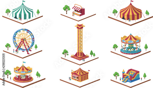 Isometric Amusement Park and Carnival Vector Icon Set featuring Ferris Wheel, Carousel, Drop Tower, Circus Tents, and Funfair Attractions for Theme Park Layout Designs
