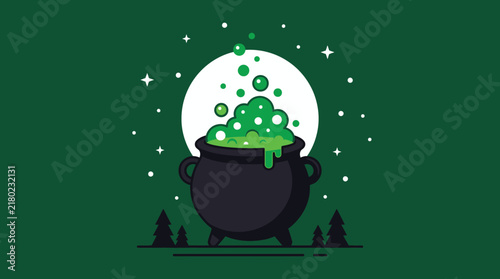 Принти на полотні Witch cauldron with bubbling green potion, spooky Halloween magic pot vector, my
