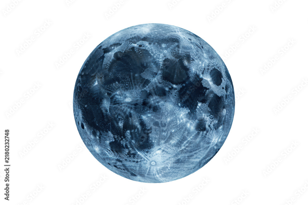 Fototapeta premium Full moon sphere with detailed craters and lunar surface texture in shades of deep blue and white isolated on a transparent background