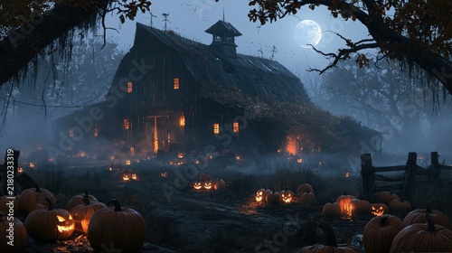 Spooky barn with glowing pumpkins under a full moon during a foggy autumn night