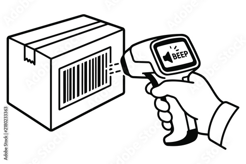 Foto Hand holding barcode scanner pointing at a shipping box Vector
