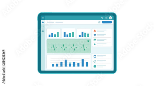 Patient health monitoring dashboard with ekg telemetry and data analytics on a digital tablet in modern flat vector style for telehealth software applications