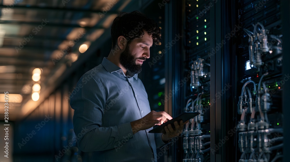 Fototapeta premium AI Data Center Engineer Monitoring Liquid-Cooled Server Infrastructure