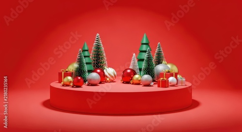 A minimal bright red podium display scene featuring cute festive Christmas decorations like tiny trees and round ornaments in a studio, cheer, style, background