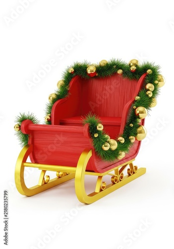 A traditional red wooden sleigh featuring lush green pine garland, sparkling gold ornaments, and golden runners on a white background, delivery, decorative, outdoor