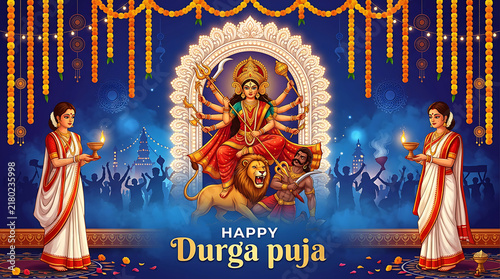 Happy durga puja celebration with goddess durga and traditional devotees