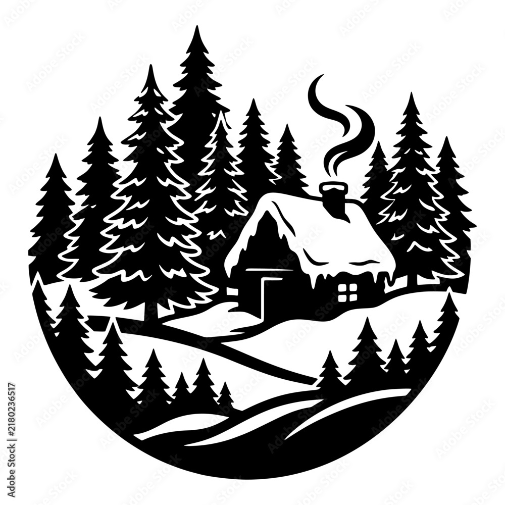 Obraz premium Winter Cabin in Forest Black and White silhouette vector illustration