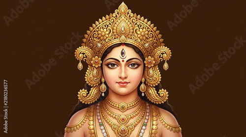 Portrait of goddess durga with ornate gold crown and traditional jewelry